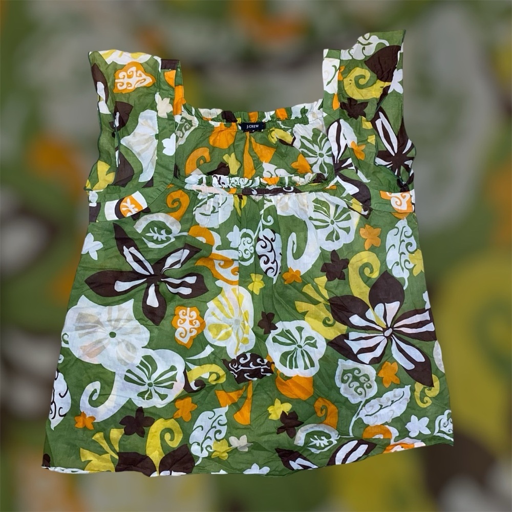 J. Crew Retro Green Tropical Print Sleeveless Blouse with Square Neckline AS IS
